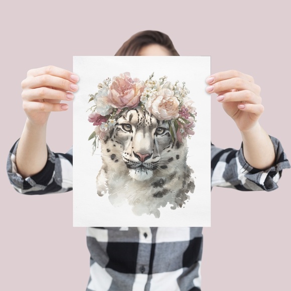 Watercolor Snow Leopard Portrait Wall Art Print, Unframed - Majestic Wilderness - Picture 4 of 7